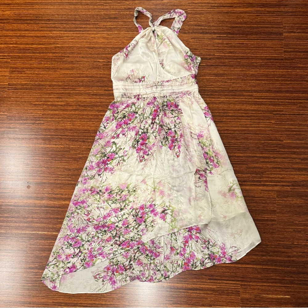 Bebe 100% Silk Cream Pink Purple Floral Criss Cross Halter Dress Size Medium